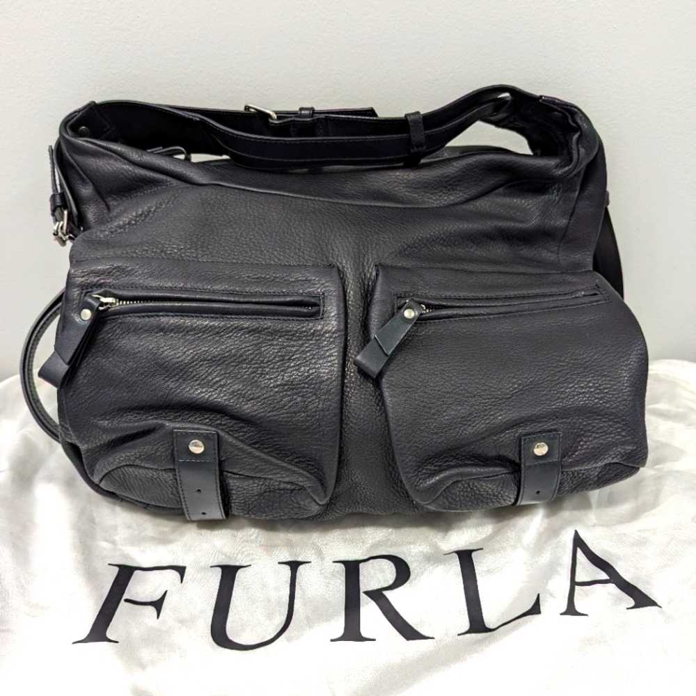 Furla Leather Black Hobo Slouchy Shoulder Bag